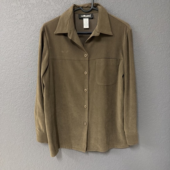 Sag Harbor Jackets & Blazers - Sag Harbor Faux Suede Button-Down Shirt Jacket Womens Size 10P Green Long Sleeve